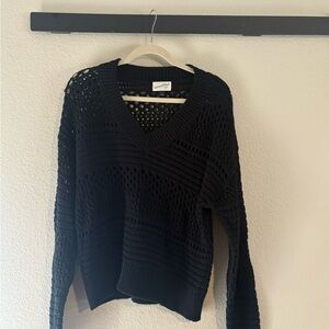 Black V-Neck Knit Open Stitch Sweater